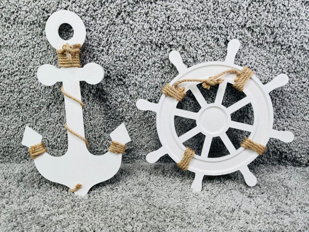 Rustic Nautical Anchor & Ship Wheel White Home Decor Figurine